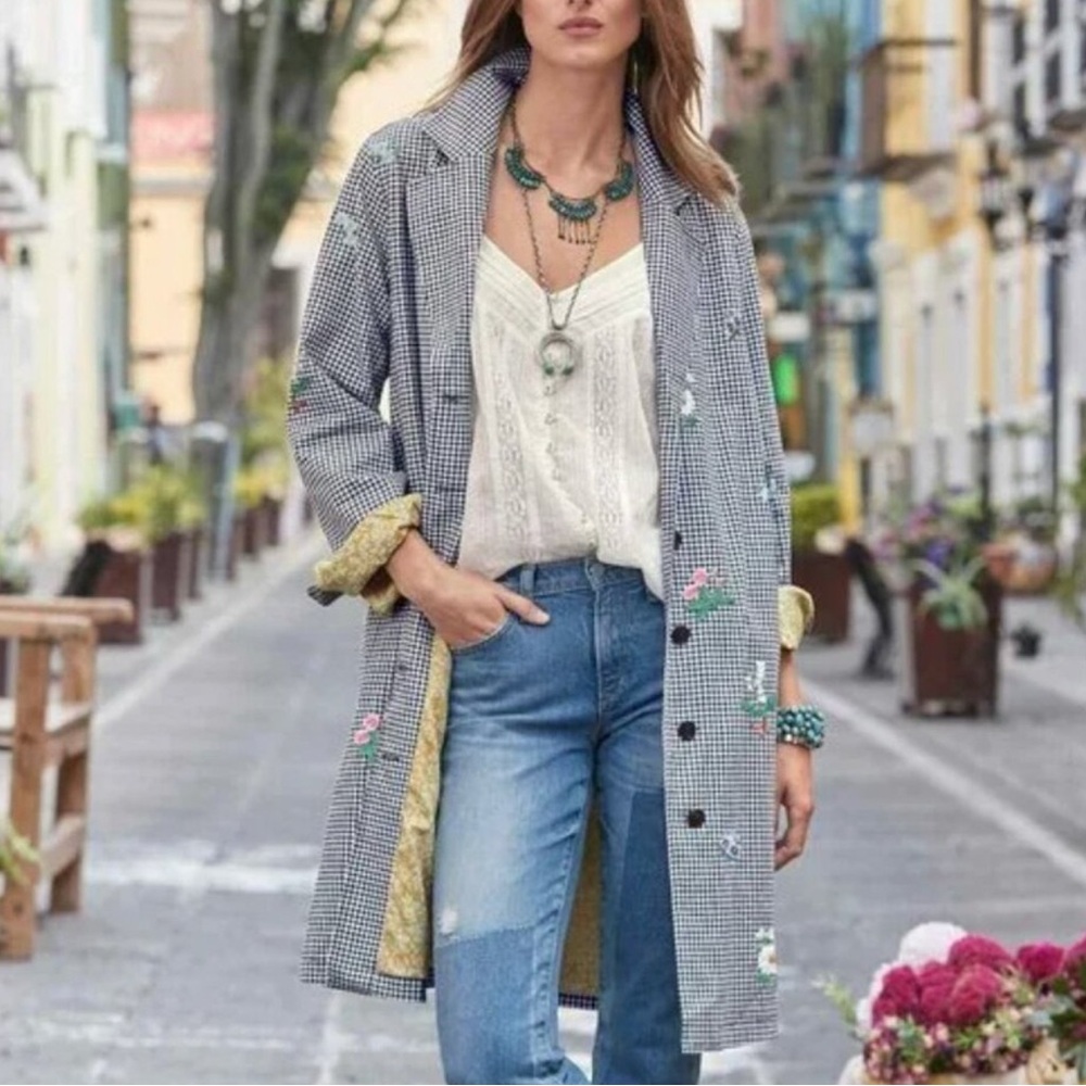 NEW Sundance Gingham Embroidered Floral Longline Button Jacket Women's Medium